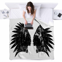 Native American Indian Warrior Profile With Feather Headdress Black And White Vector Design Blankets 181236058