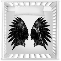 Native American Indian Warrior Profile With Feather Headdress Black And White Vector Design Nursery Decor 181236058