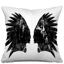 Native American Indian Warrior Profile With Feather Headdress Black And White Vector Design Pillows 181236058