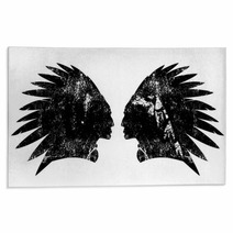 Native American Indian Warrior Profile With Feather Headdress Black And White Vector Design Rugs 181236058