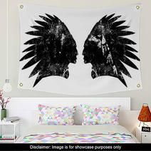Native American Indian Warrior Profile With Feather Headdress Black And White Vector Design Wall Art 181236058