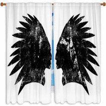 Native American Indian Warrior Profile With Feather Headdress Black And White Vector Design Window Curtains 181236058