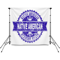 Native American Rosette Seal Imprint With Grunge Effect Designed With Round Rosette Ribbon And Small Crowns Blue Vector Rubber Print Of Native American Tag With Grunge Texture Backdrops 240186743