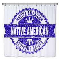 Native American Rosette Seal Imprint With Grunge Effect Designed With Round Rosette Ribbon And Small Crowns Blue Vector Rubber Print Of Native American Tag With Grunge Texture Bath Decor 240186743
