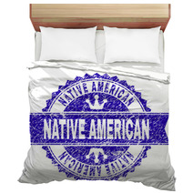Native American Rosette Seal Imprint With Grunge Effect Designed With Round Rosette Ribbon And Small Crowns Blue Vector Rubber Print Of Native American Tag With Grunge Texture Bedding 240186743
