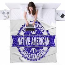 Native American Rosette Seal Imprint With Grunge Effect Designed With Round Rosette Ribbon And Small Crowns Blue Vector Rubber Print Of Native American Tag With Grunge Texture Blankets 240186743