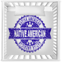 Native American Rosette Seal Imprint With Grunge Effect Designed With Round Rosette Ribbon And Small Crowns Blue Vector Rubber Print Of Native American Tag With Grunge Texture Nursery Decor 240186743