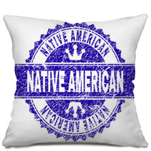 Native American Rosette Seal Imprint With Grunge Effect Designed With Round Rosette Ribbon And Small Crowns Blue Vector Rubber Print Of Native American Tag With Grunge Texture Pillows 240186743