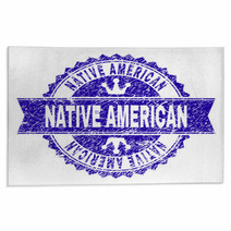 Native American Rosette Seal Imprint With Grunge Effect Designed With Round Rosette Ribbon And Small Crowns Blue Vector Rubber Print Of Native American Tag With Grunge Texture Rugs 240186743