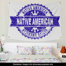 Native American Rosette Seal Imprint With Grunge Effect Designed With Round Rosette Ribbon And Small Crowns Blue Vector Rubber Print Of Native American Tag With Grunge Texture Wall Art 240186743
