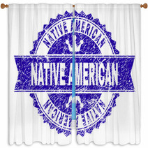 Native American Rosette Seal Imprint With Grunge Effect Designed With Round Rosette Ribbon And Small Crowns Blue Vector Rubber Print Of Native American Tag With Grunge Texture Window Curtains 240186743