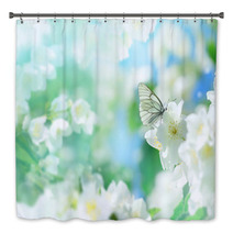 Natural Background With Butterfly On The Branch Of Blooming Jasmine Spring Scene Bath Decor 193461163