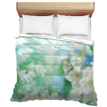 Natural Background With Butterfly On The Branch Of Blooming Jasmine Spring Scene Bedding 193461163