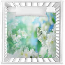 Natural Background With Butterfly On The Branch Of Blooming Jasmine Spring Scene Nursery Decor 193461163