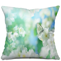 Natural Background With Butterfly On The Branch Of Blooming Jasmine Spring Scene Pillows 193461163