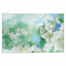 Natural Background With Butterfly On The Branch Of Blooming Jasmine Spring Scene Rugs 193461163