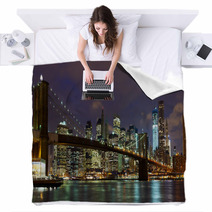 New York City Brooklyn Bridge Panorama At Dusk Blankets 38453008