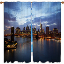 New York City Manhattan Downtown With Brooklyn Bridge At Dusk Window Curtains 69597365