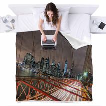 New York City - Manhattan Skyline From Brooklyn Bridge By Night Blankets 58801379