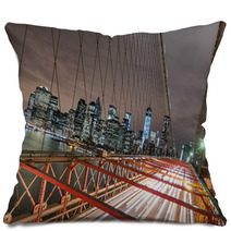 New York City - Manhattan Skyline From Brooklyn Bridge By Night Pillows 58801379