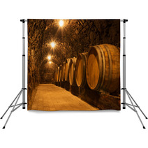Oak Barrels In The Tunnel Of Tokaj Winery Cellar, Hungary Backdrops 66725321