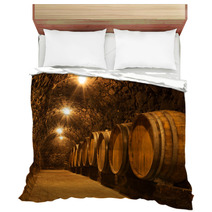 Oak Barrels In The Tunnel Of Tokaj Winery Cellar, Hungary Bedding 66725321