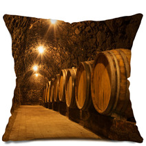 Oak Barrels In The Tunnel Of Tokaj Winery Cellar, Hungary Pillows 66725321
