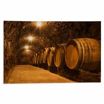 Oak Barrels In The Tunnel Of Tokaj Winery Cellar, Hungary Rugs 66725321