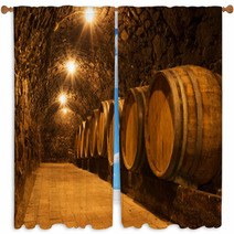 Oak Barrels In The Tunnel Of Tokaj Winery Cellar, Hungary Window Curtains 66725321