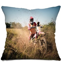 Off Road Dirt Bike Rider Splashing Mud In Hard Enduro Rally Race Pillows 127991128