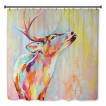 Oil Deer Portrait Painting In Multicolored Tones Conceptual Abstract Painting Of A Deer Muzzle Closeup Of A Painting By Oil And Palette Knife On Canvas Bath Decor 273227085