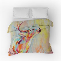 Oil Deer Portrait Painting In Multicolored Tones Conceptual Abstract Painting Of A Deer Muzzle Closeup Of A Painting By Oil And Palette Knife On Canvas Bedding 273227085
