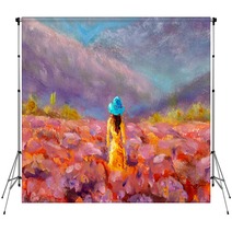 Oil Painting Beautiful Girl Stands With Her Back In A Lavender Pink Flower Field Floral French Tuscan Landscape Backdrops 304914551