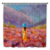 Oil Painting Beautiful Girl Stands With Her Back In A Lavender Pink Flower Field Floral French Tuscan Landscape Bath Decor 304914551