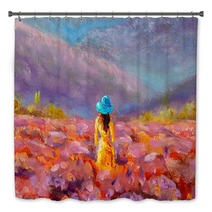 Oil Painting Beautiful Girl Stands With Her Back In A Lavender Pink Flower Field Floral French Tuscan Landscape Bath Decor 304914551