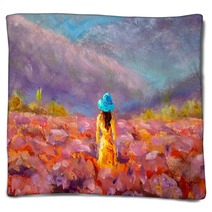 Oil Painting Beautiful Girl Stands With Her Back In A Lavender Pink Flower Field Floral French Tuscan Landscape Blankets 304914551