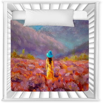 Oil Painting Beautiful Girl Stands With Her Back In A Lavender Pink Flower Field Floral French Tuscan Landscape Nursery Decor 304914551