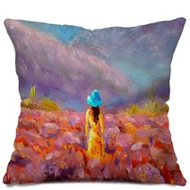 Oil Painting Beautiful Girl Stands With Her Back In A Lavender Pink Flower Field Floral French Tuscan Landscape Pillows 304914551