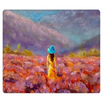 Oil Painting Beautiful Girl Stands With Her Back In A Lavender Pink Flower Field Floral French Tuscan Landscape Rugs 304914551