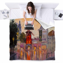 Oil Painting Cityscape Moulin Rouge Paris France Blankets 79670064