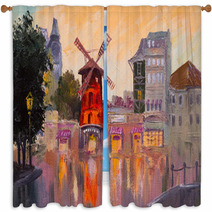 Oil Painting Cityscape Moulin Rouge Paris France Window Curtains 79670064