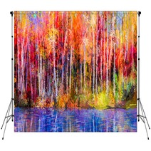 Oil Painting Colorful Autumn Trees Semi Abstract Image Of Forest Aspen Trees With Yellow Red Leaf And Lake Autumn Fall Season Nature Background Hand Painted Impressionist Outdoor Landscape Backdrops 129052938