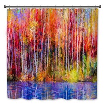 Oil Painting Colorful Autumn Trees Semi Abstract Image Of Forest Aspen Trees With Yellow Red Leaf And Lake Autumn Fall Season Nature Background Hand Painted Impressionist Outdoor Landscape Bath Decor 129052938