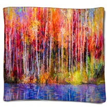 Oil Painting Colorful Autumn Trees Semi Abstract Image Of Forest Aspen Trees With Yellow Red Leaf And Lake Autumn Fall Season Nature Background Hand Painted Impressionist Outdoor Landscape Blankets 129052938