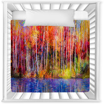 Oil Painting Colorful Autumn Trees Semi Abstract Image Of Forest Aspen Trees With Yellow Red Leaf And Lake Autumn Fall Season Nature Background Hand Painted Impressionist Outdoor Landscape Nursery Decor 129052938