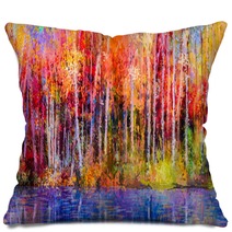 Oil Painting Colorful Autumn Trees Semi Abstract Image Of Forest Aspen Trees With Yellow Red Leaf And Lake Autumn Fall Season Nature Background Hand Painted Impressionist Outdoor Landscape Pillows 129052938