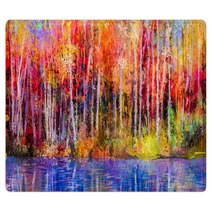 Oil Painting Colorful Autumn Trees Semi Abstract Image Of Forest Aspen Trees With Yellow Red Leaf And Lake Autumn Fall Season Nature Background Hand Painted Impressionist Outdoor Landscape Rugs 129052938