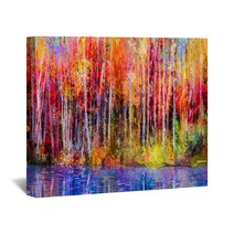 Oil Painting Colorful Autumn Trees Semi Abstract Image Of Forest Aspen Trees With Yellow Red Leaf And Lake Autumn Fall Season Nature Background Hand Painted Impressionist Outdoor Landscape Wall Art 129052938