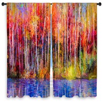Oil Painting Colorful Autumn Trees Semi Abstract Image Of Forest Aspen Trees With Yellow Red Leaf And Lake Autumn Fall Season Nature Background Hand Painted Impressionist Outdoor Landscape Window Curtains 129052938