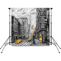 Oil Painting On Canvas Street View Of New York Man And Woman Yellow Taxi Modern Artwork New York In Gray And Yellow Colors American City Illustration New York Backdrops 125993946